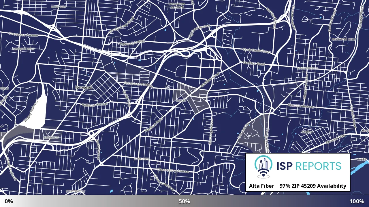 45209, OH map of internet availability