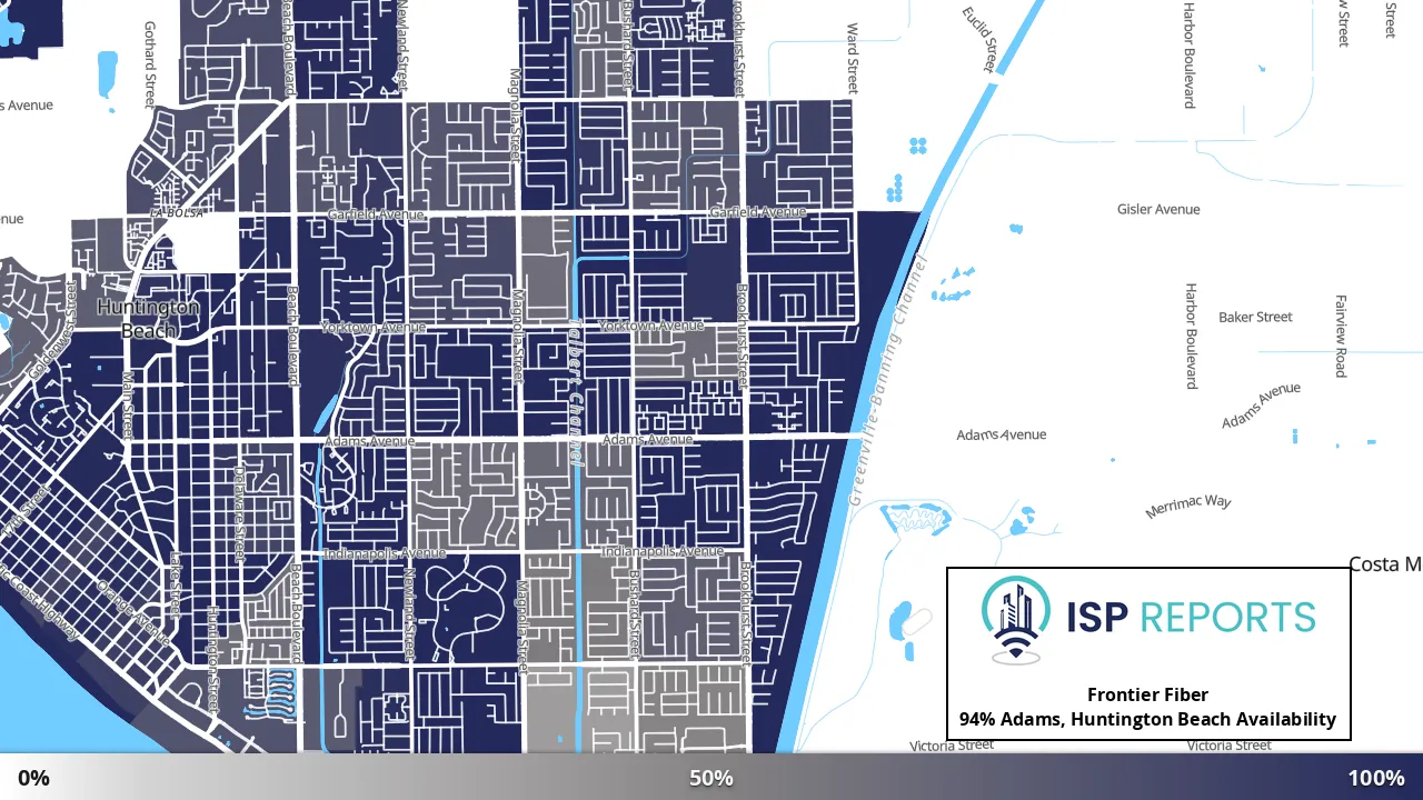 Adams, Huntington Beach, CA map of internet availability