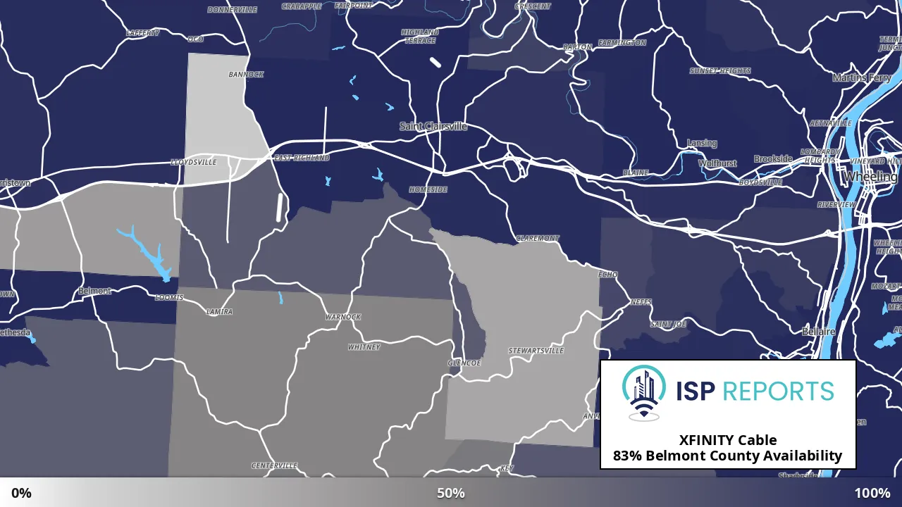 Belmont County, OH map of internet availability