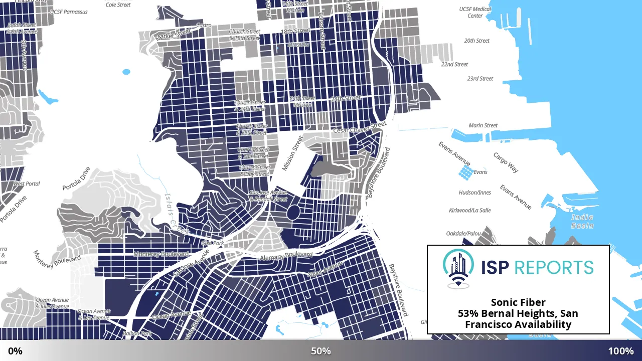 Bernal Heights, San Francisco, CA map of internet availability