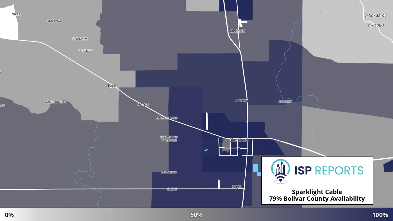 Bolivar County, MS map of internet availability