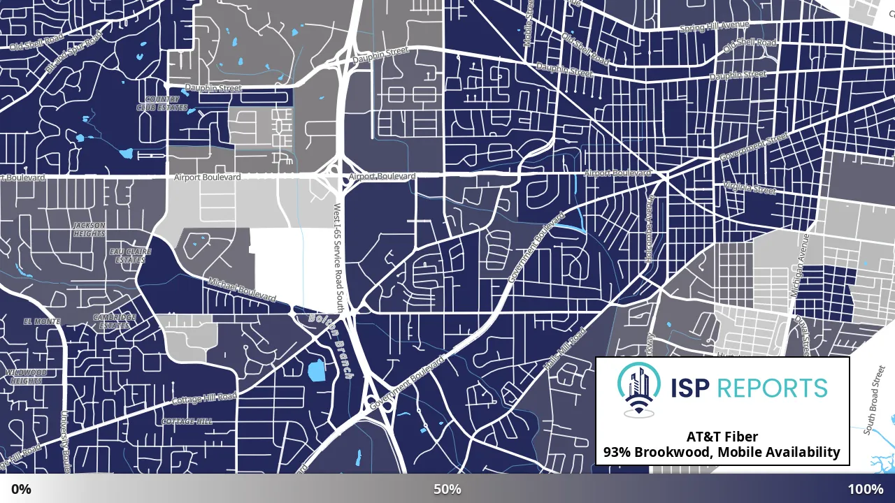 Brookwood, Mobile, AL map of internet availability