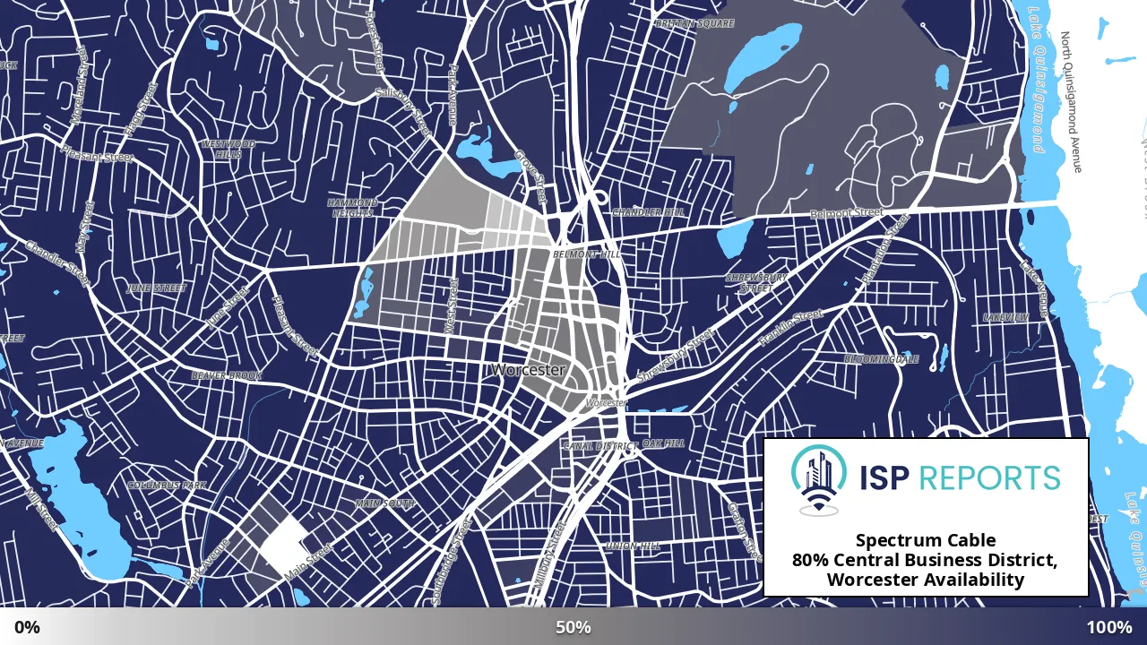 Central Business District, Worcester, MA map of internet availability