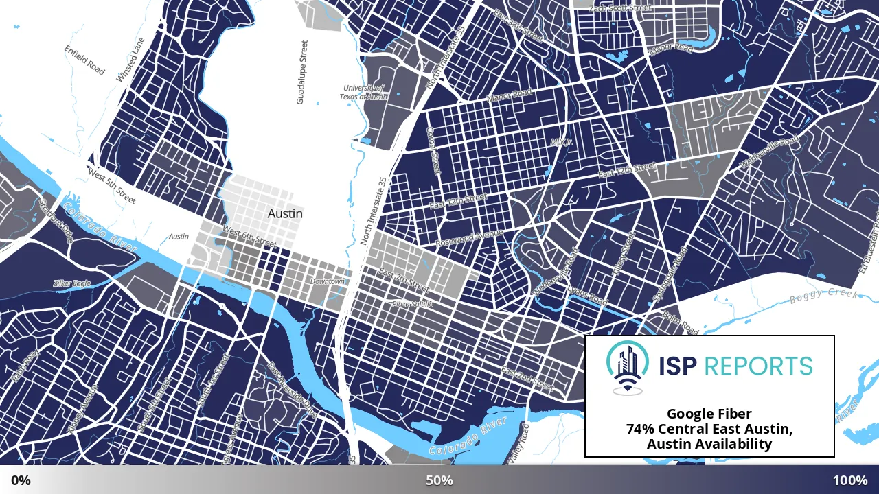 Central East Austin, Austin, TX map of internet availability