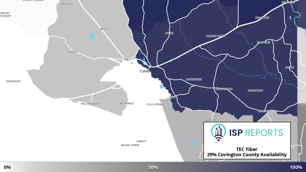 Covington County, MS map of internet availability