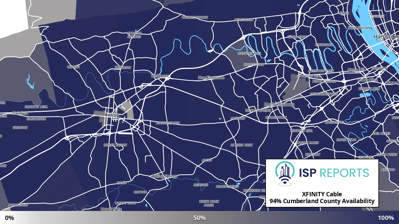 Cumberland County, PA map of internet availability
