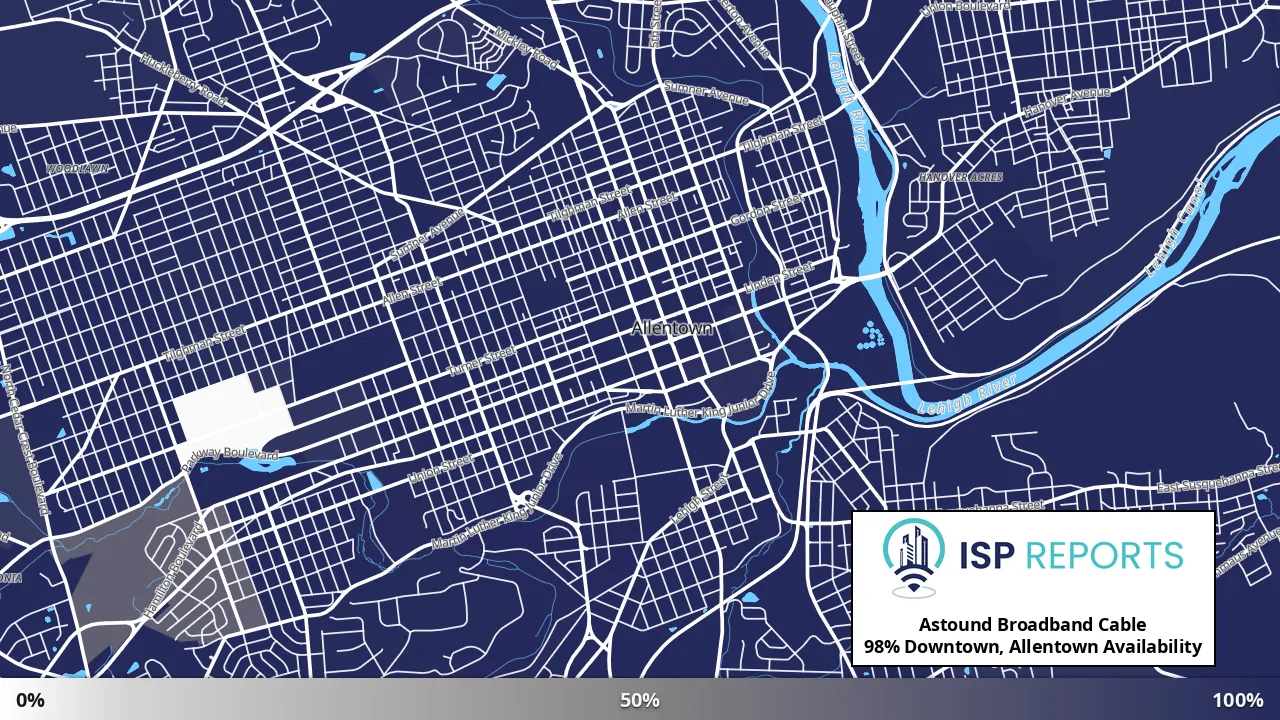 Downtown, Allentown, PA map of internet availability