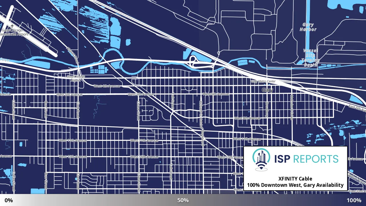 Downtown West, Gary, IN map of internet availability