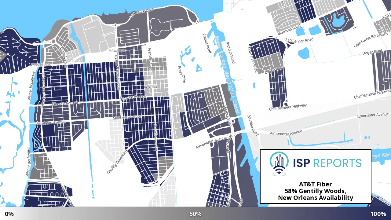 Gentilly Woods, New Orleans, LA map of internet availability