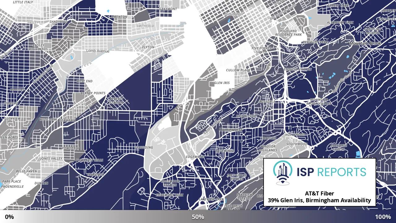 Glen Iris, Birmingham, AL map of internet availability