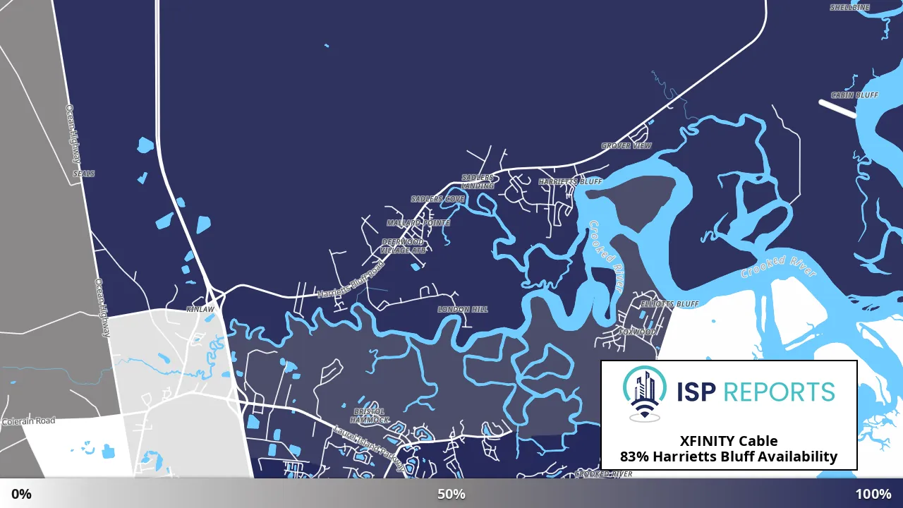 Harrietts Bluff, GA map of internet availability