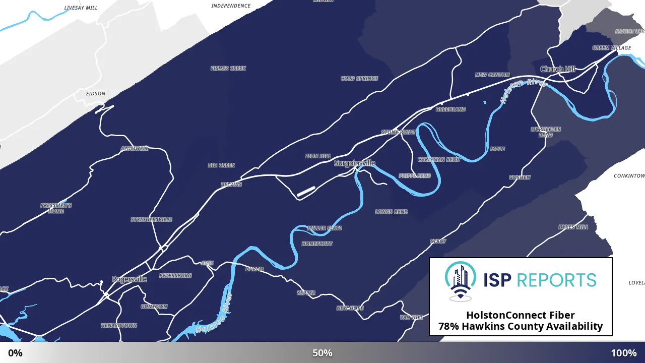 Hawkins County, TN map of internet availability