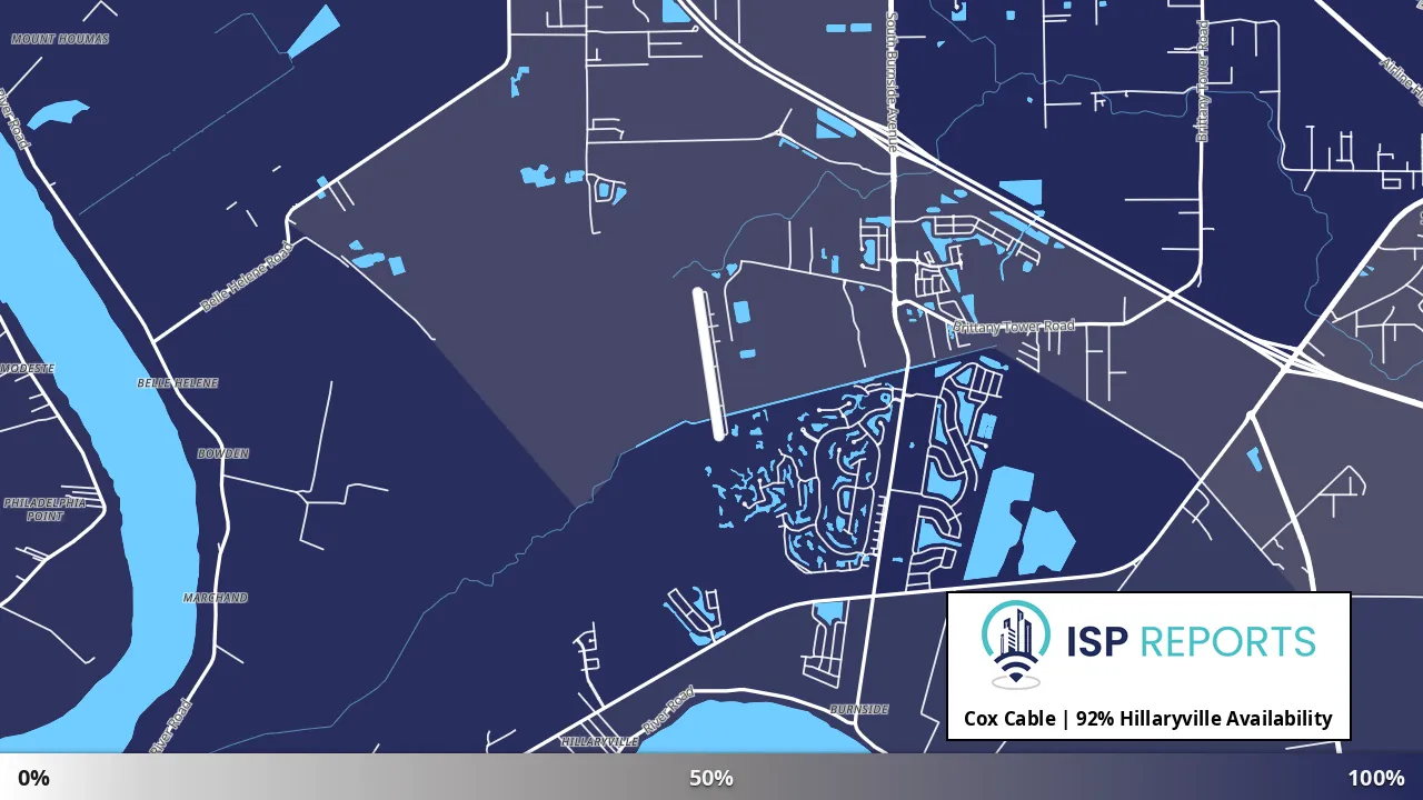 Hillaryville, LA map of internet availability