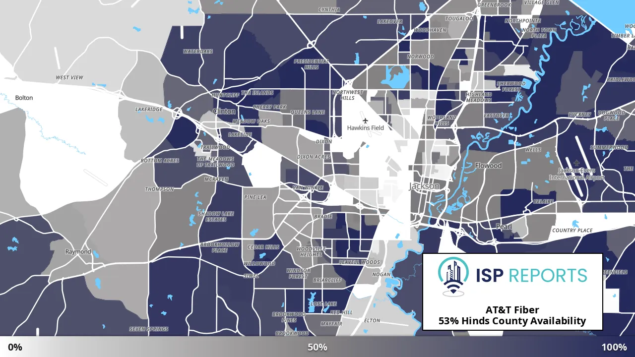 Hinds County, MS map of internet availability