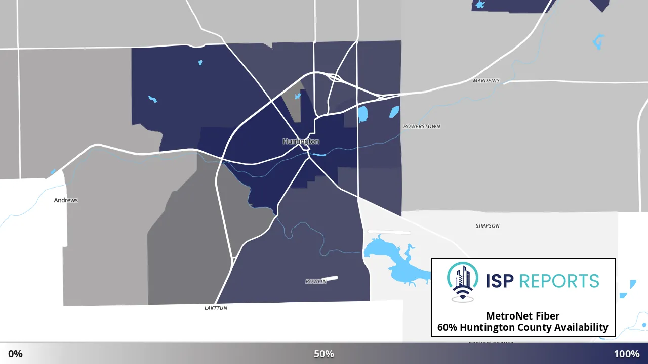 Huntington County, IN map of internet availability
