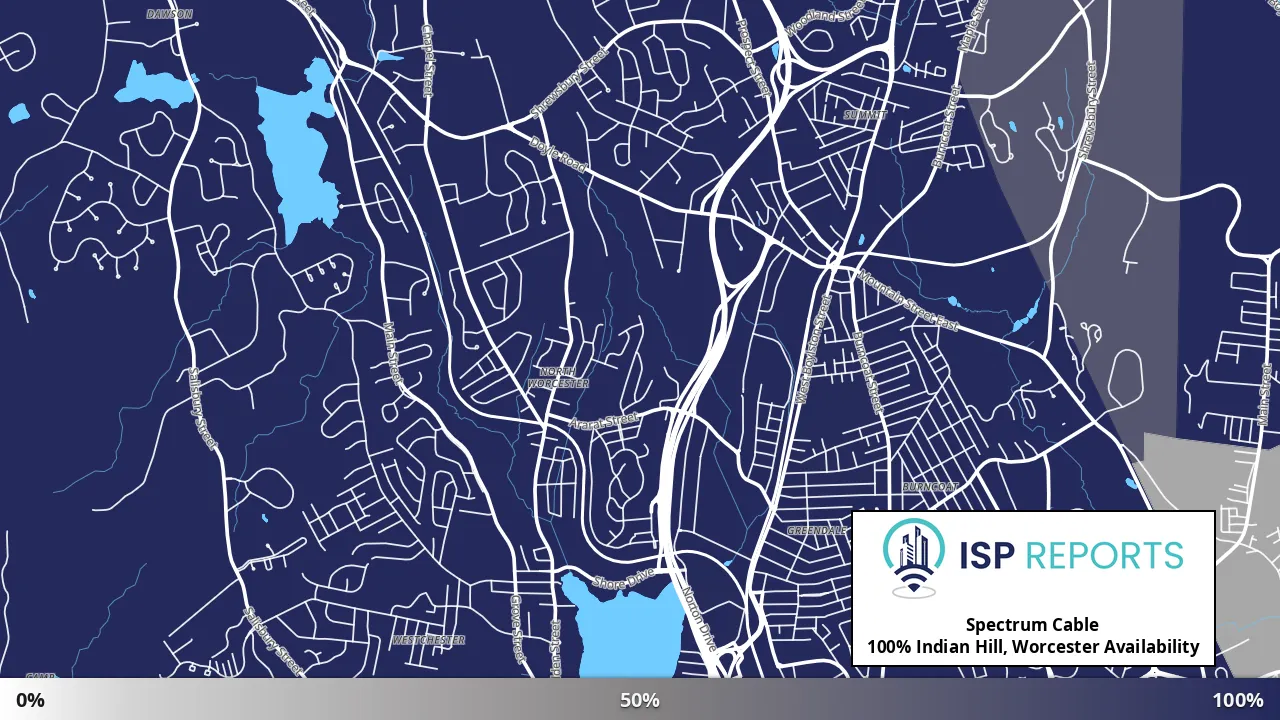 Indian Hill, Worcester, MA map of internet availability