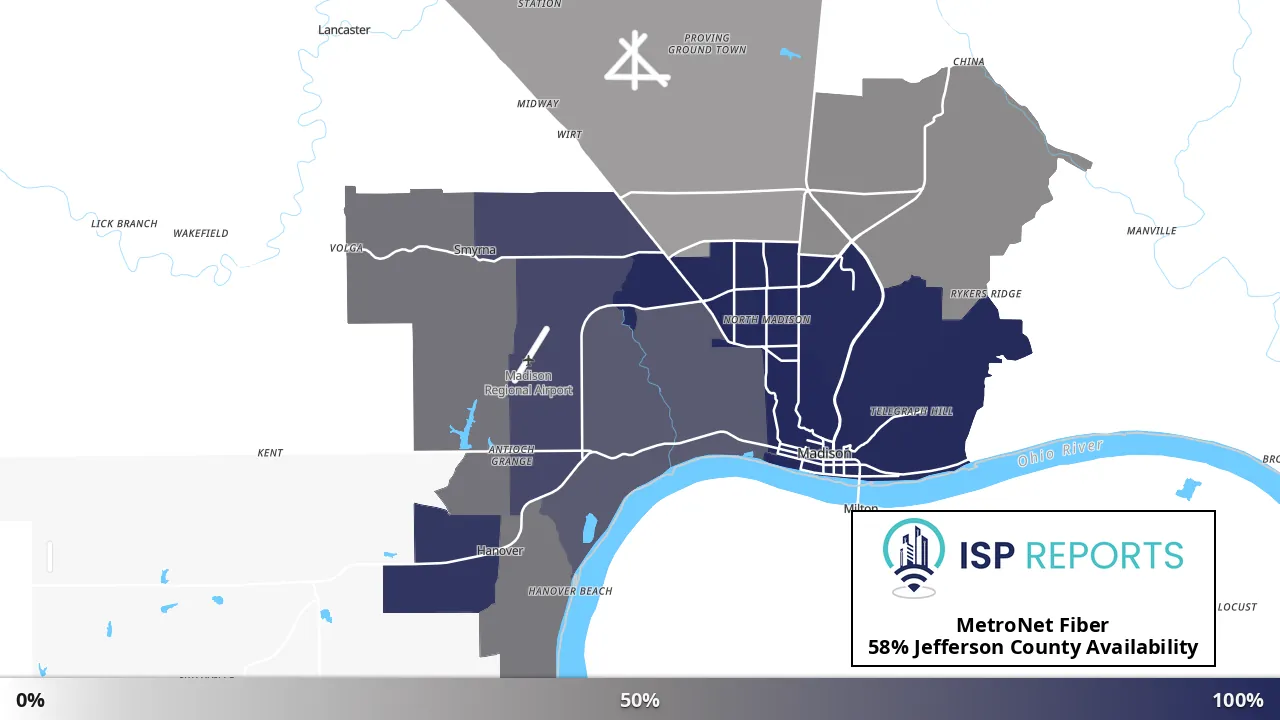 Jefferson County, IN map of internet availability