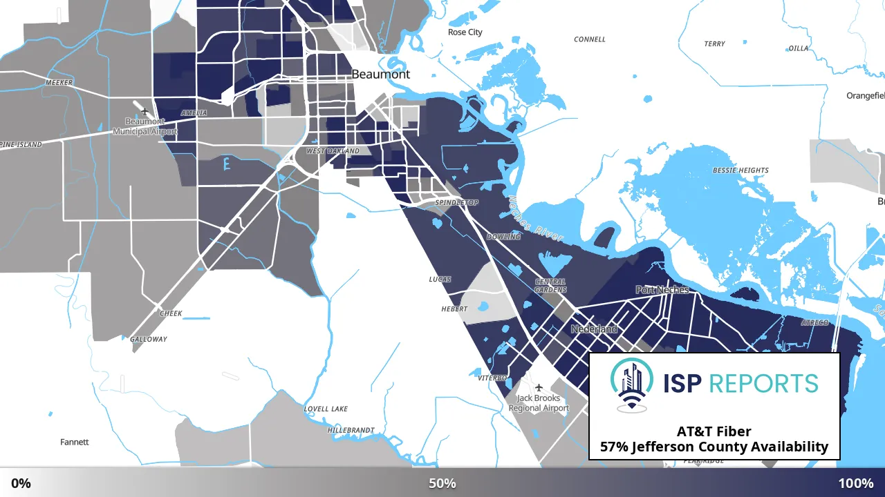 Jefferson County, TX map of internet availability