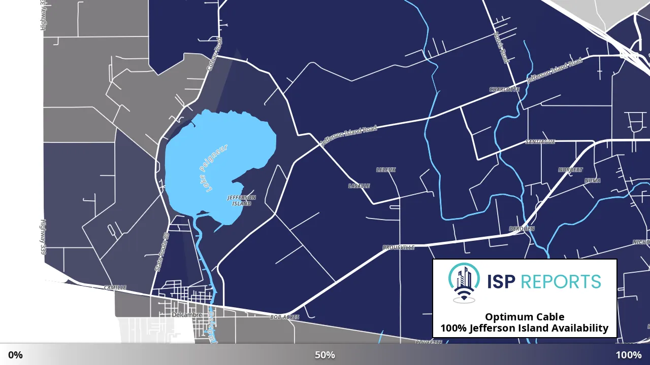 Jefferson Island, LA map of internet availability