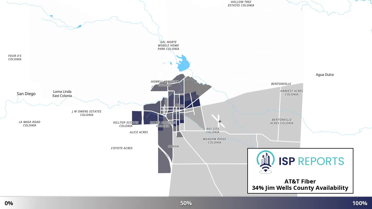 Jim Wells County, TX map of internet availability