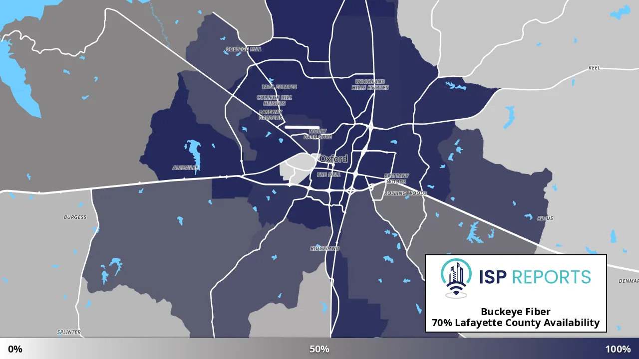 Lafayette County, MS map of internet availability