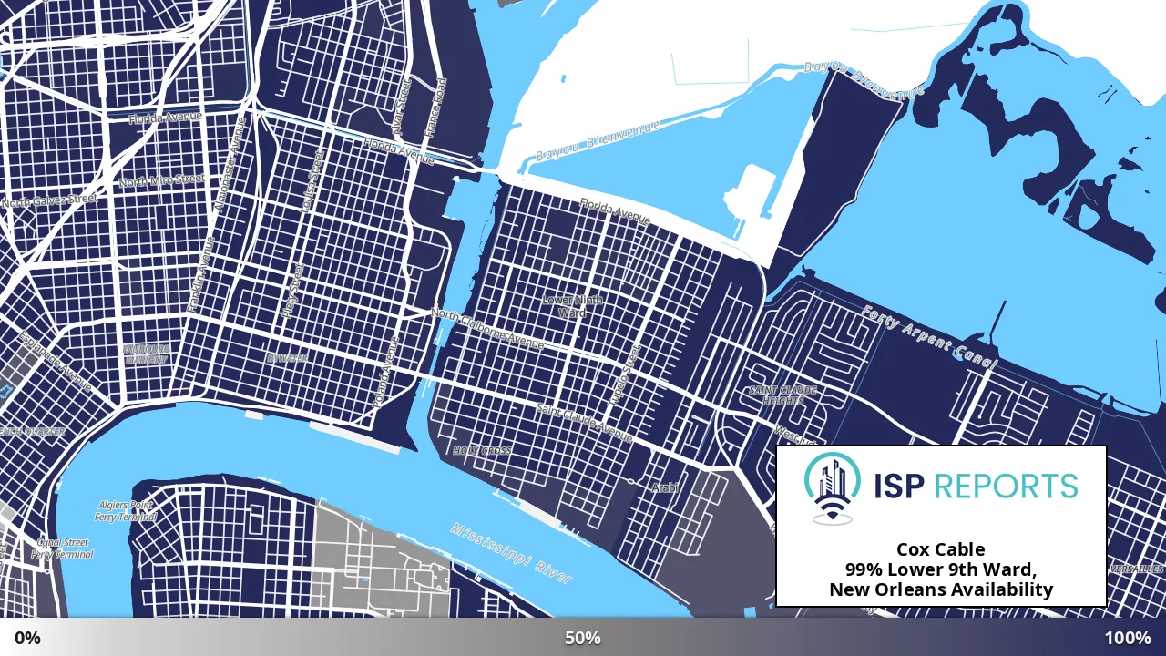 Lower 9th Ward, New Orleans, LA map of internet availability