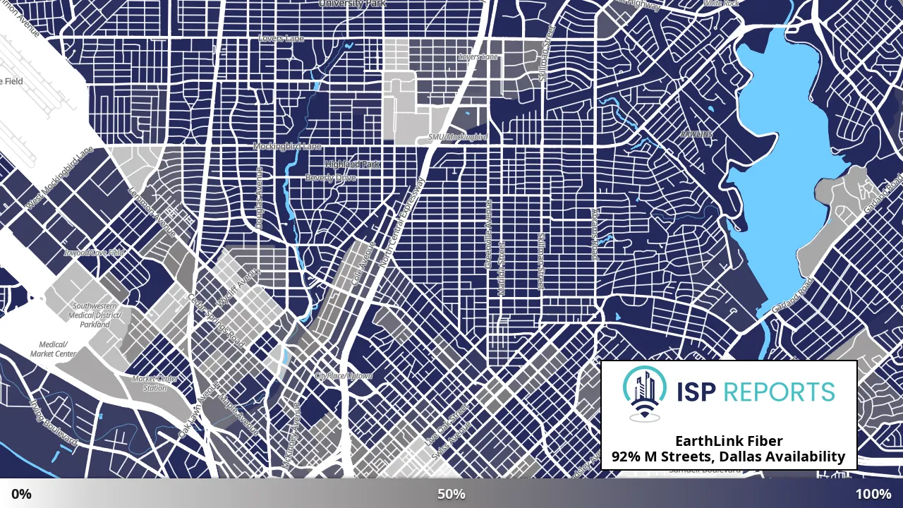 M Streets, Dallas, TX map of internet availability