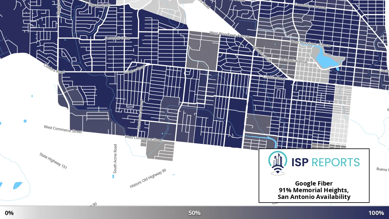 Memorial Heights, San Antonio, TX map of internet availability