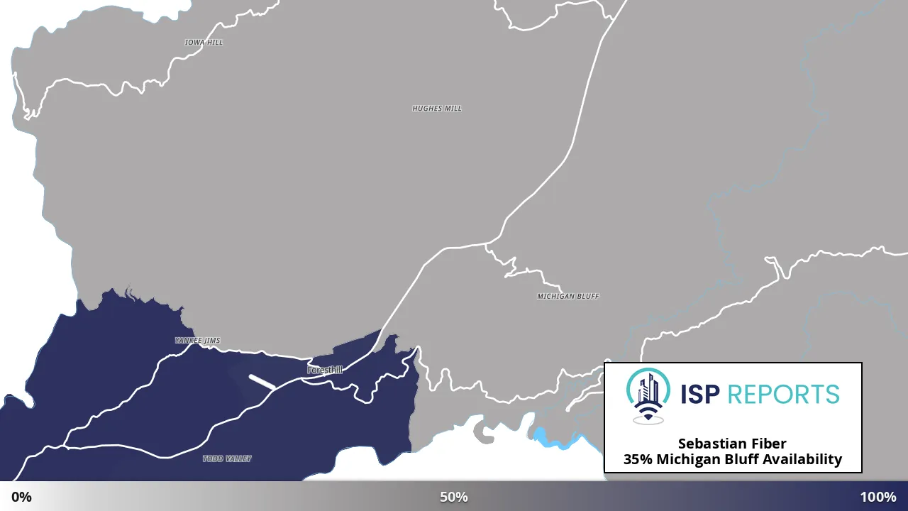 Michigan Bluff, CA map of internet availability