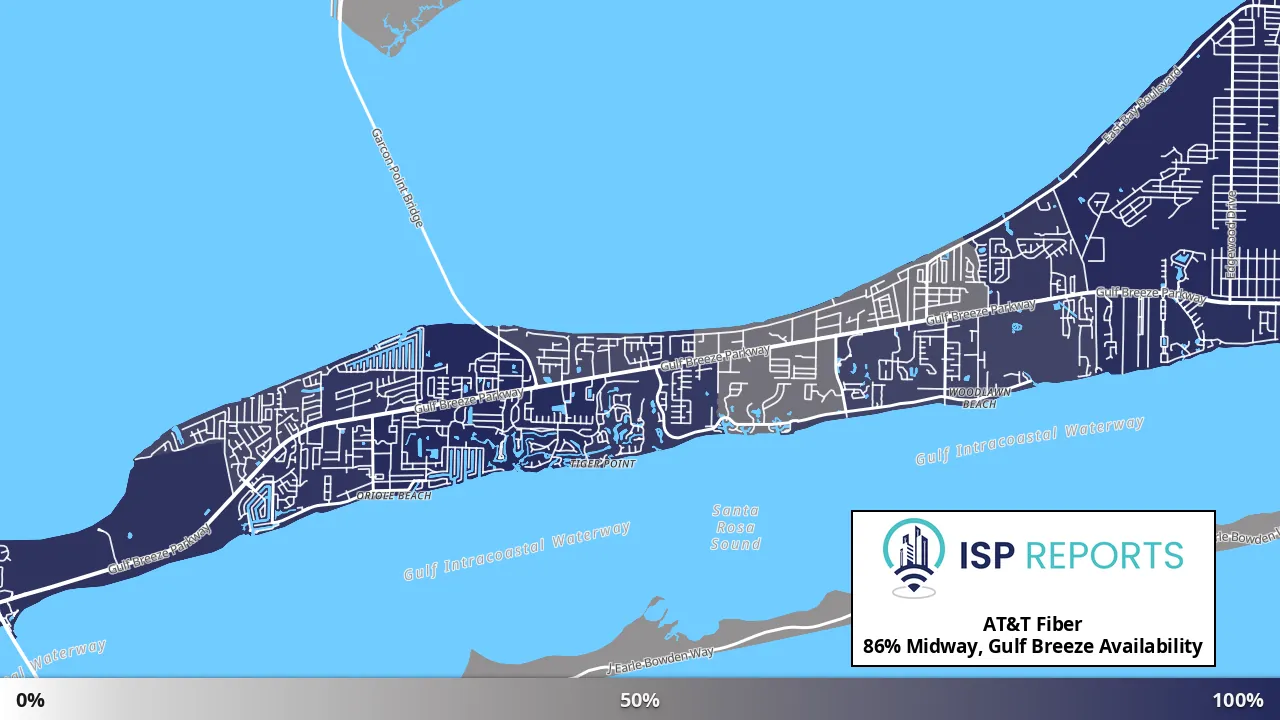 Midway, Gulf Breeze, FL map of internet availability