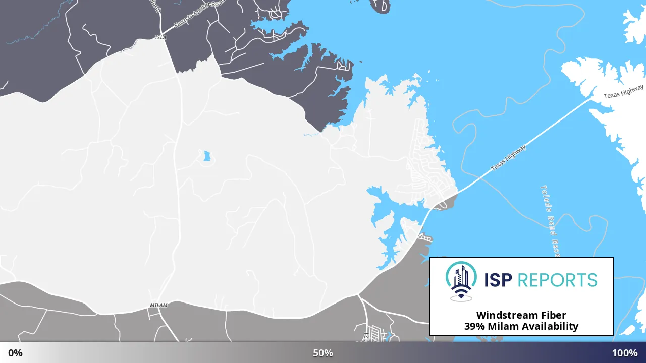 Milam, TX map of internet availability