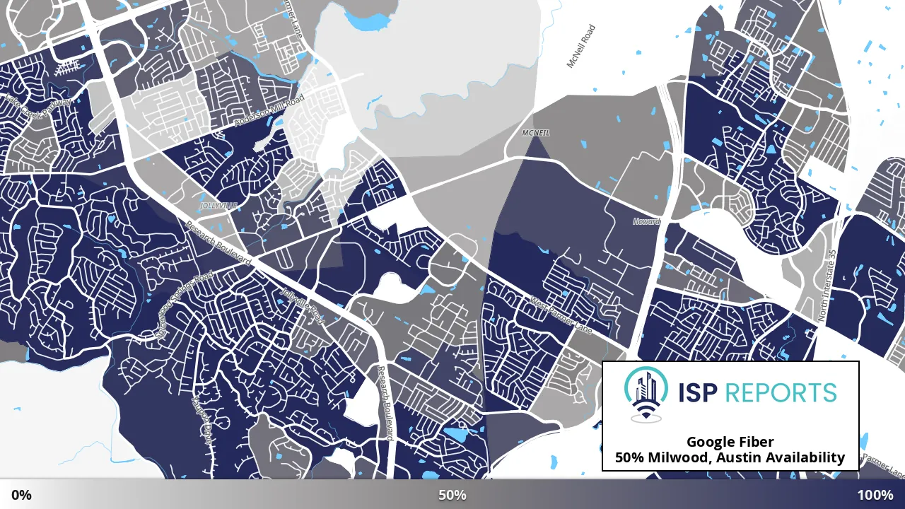 Milwood, Austin, TX map of internet availability