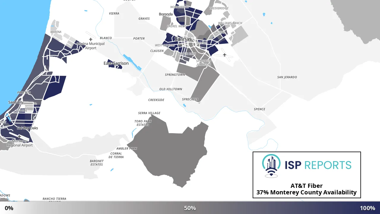 Monterey County, CA map of internet availability