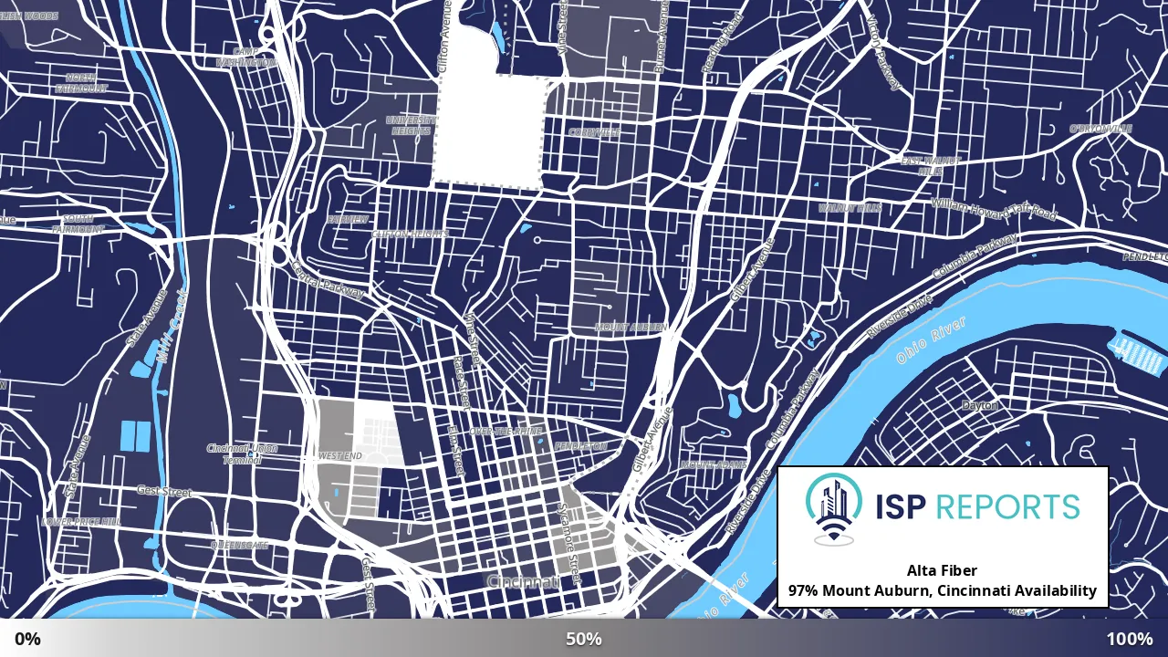 Mount Auburn, Cincinnati, OH map of internet availability