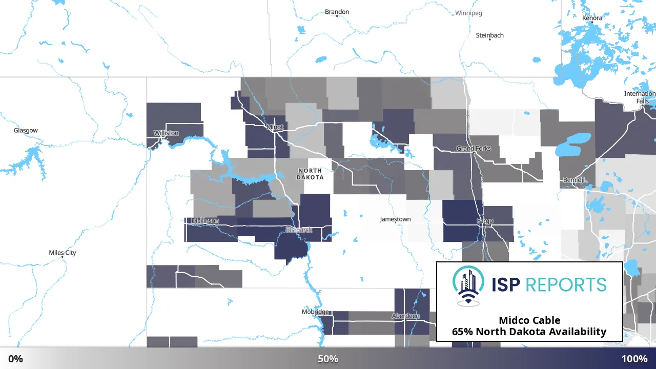 North Dakota map of internet availability