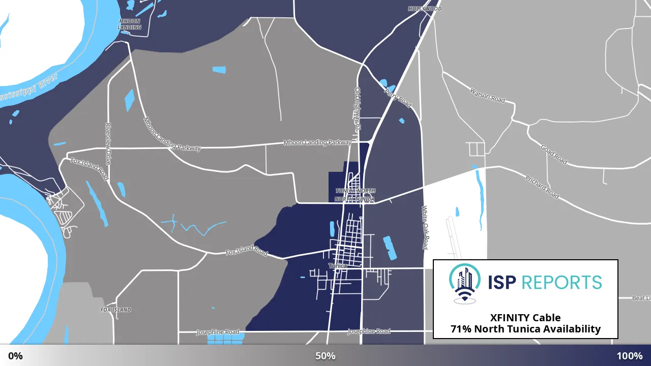 North Tunica, MS map of internet availability