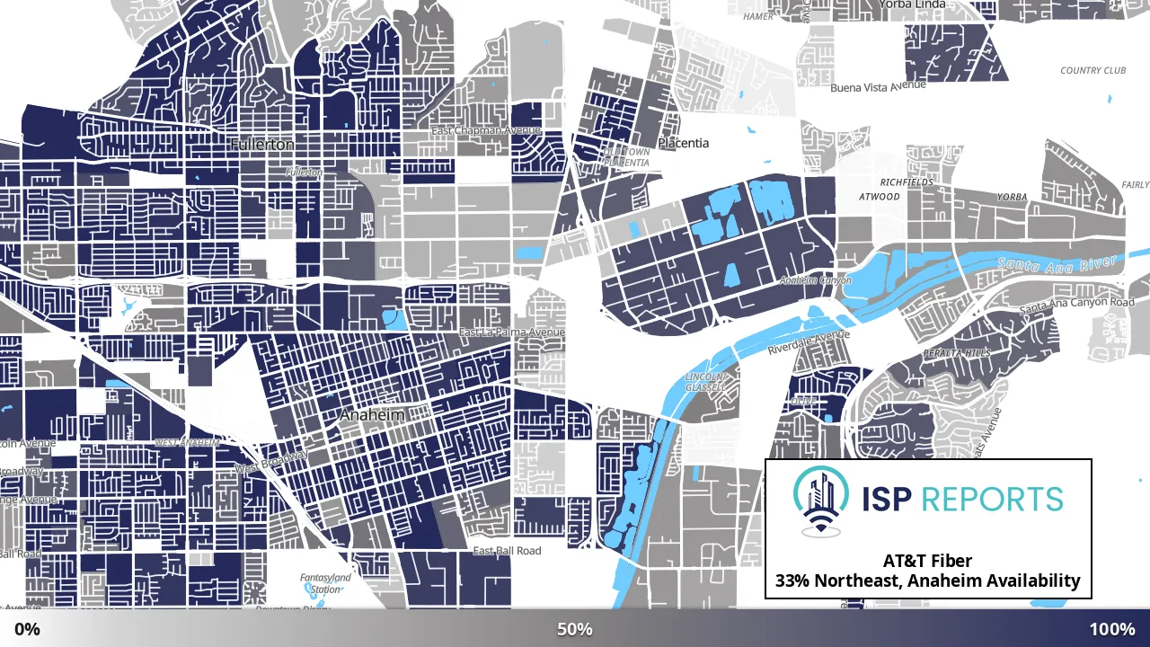 Northeast, Anaheim, CA map of internet availability