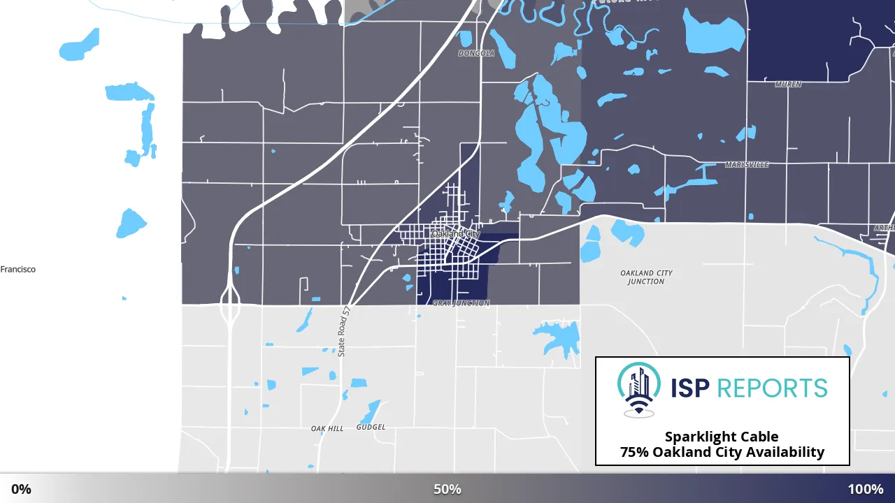 Oakland City, IN map of internet availability