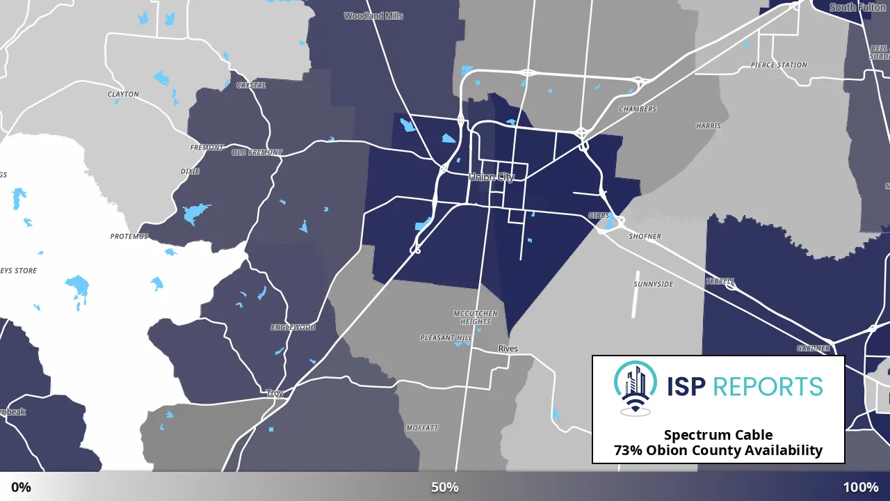 Obion County, TN map of internet availability