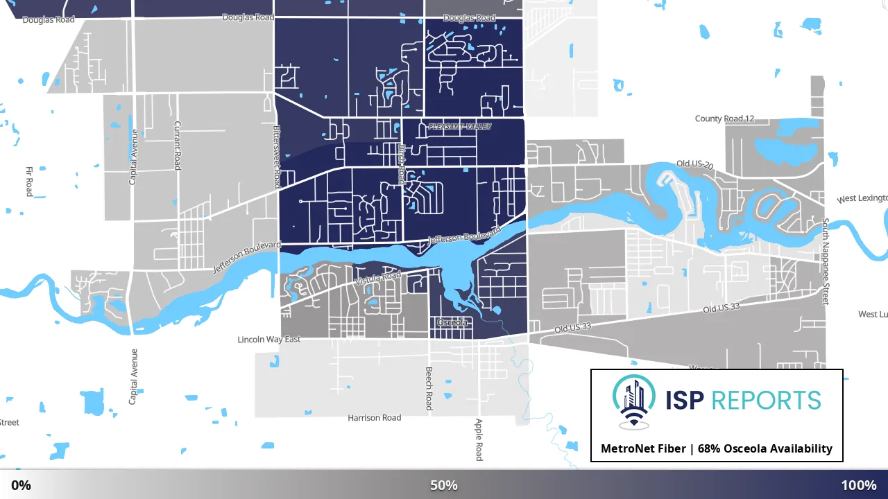 Osceola, IN map of internet availability