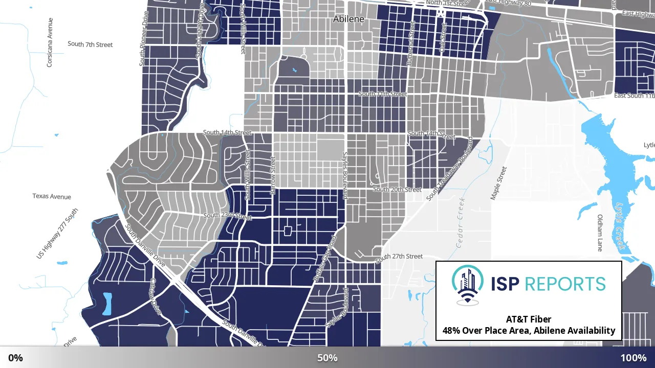 Over Place Area, Abilene, TX map of internet availability