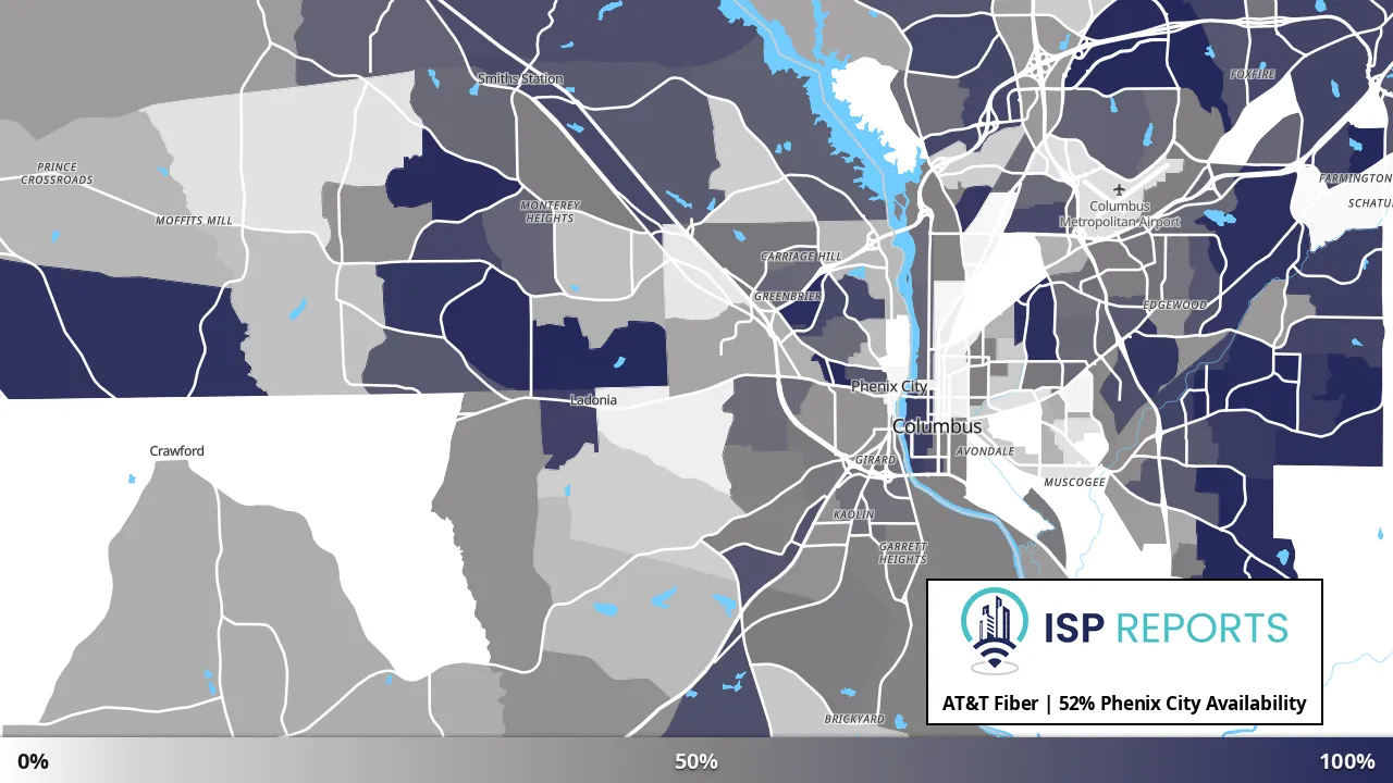 Phenix City, AL map of internet availability