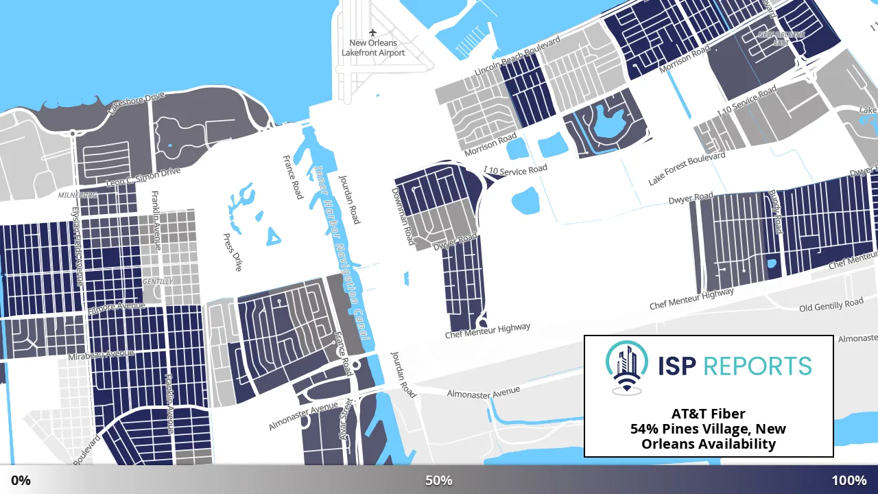 Pines Village, New Orleans, LA map of internet availability