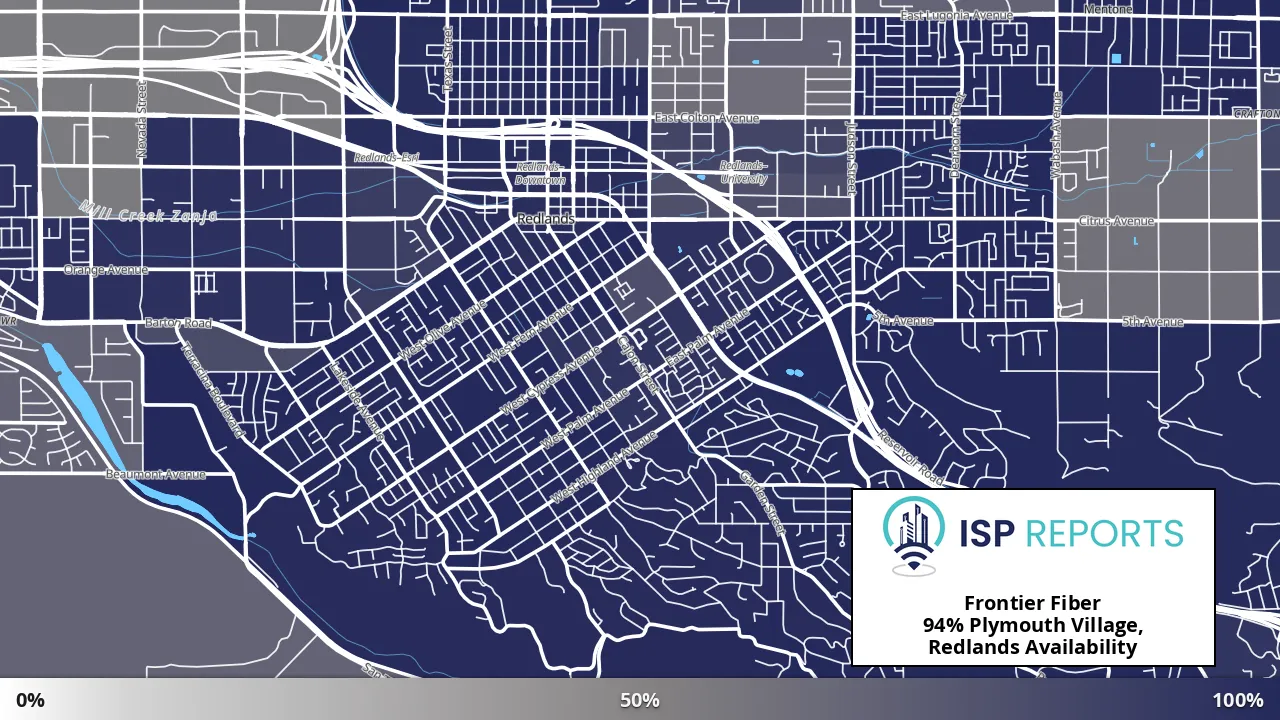 Plymouth Village, Redlands, CA map of internet availability