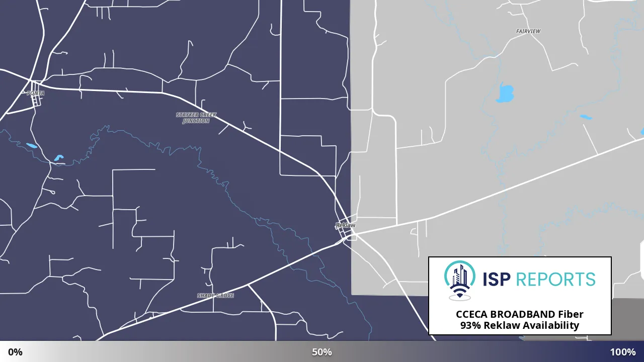 Reklaw, TX map of internet availability