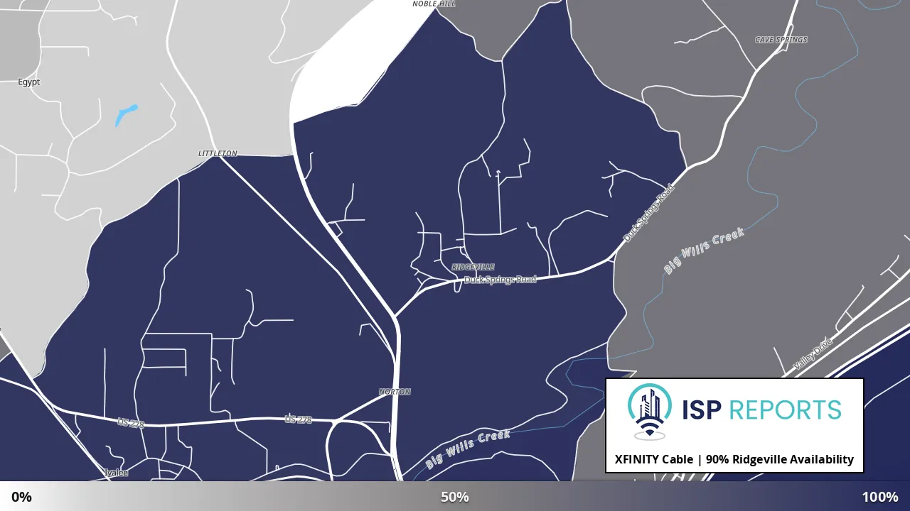 Ridgeville, AL map of internet availability