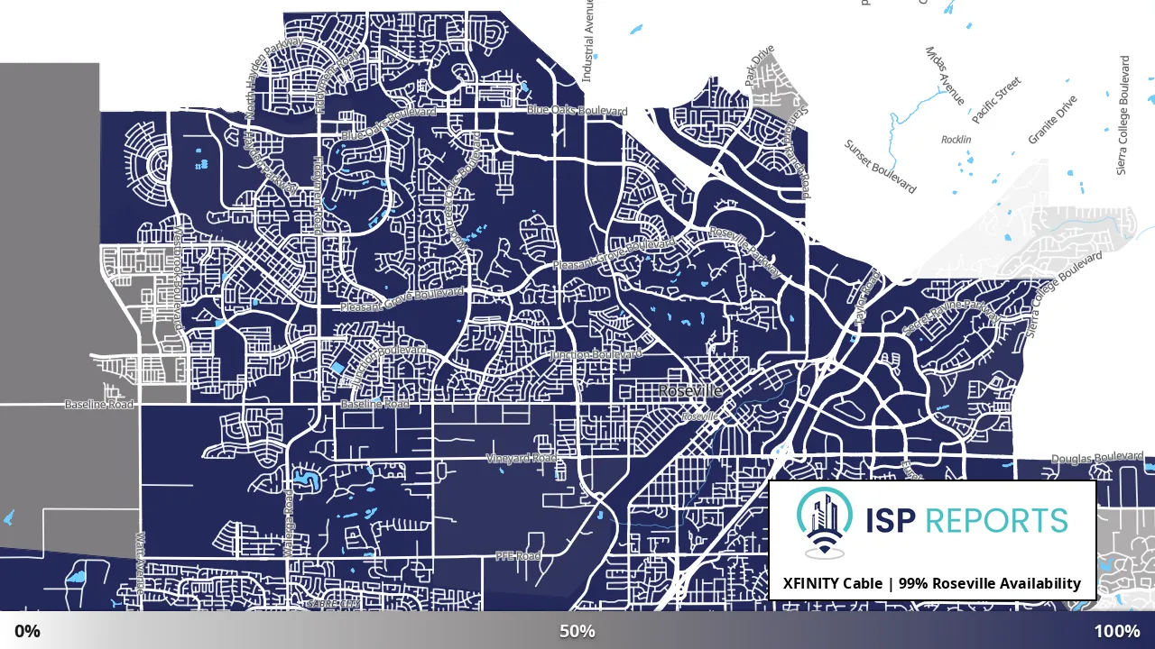 Roseville, CA map of internet availability
