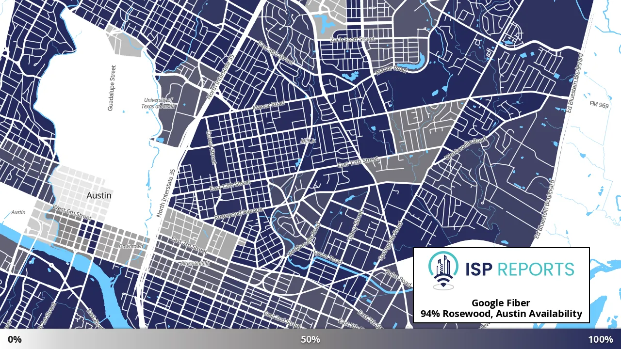 Rosewood, Austin, TX map of internet availability