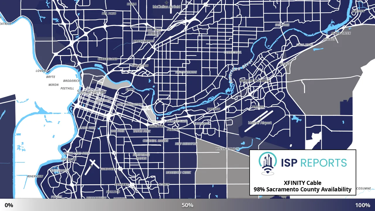 Sacramento County, CA map of internet availability