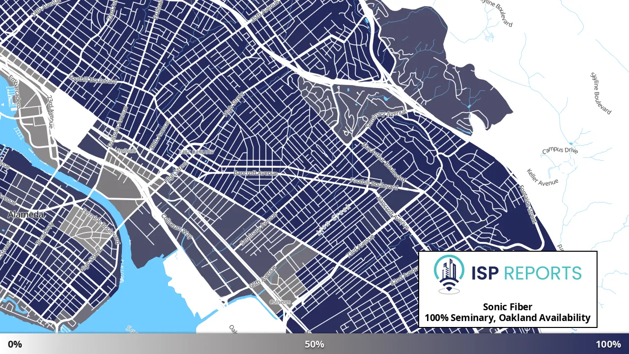 Seminary, Oakland, CA map of internet availability